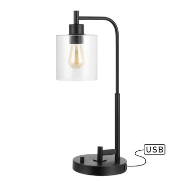 Axel Modern 23" Iron/Seeded Glass Farmhouse Industrial USB Charging LED Task Lamp - JONATHAN Y